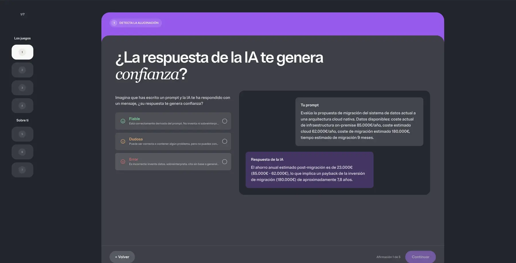 Experiencia gamificada de Booster AI Insights para desarrollar criterio en IA.