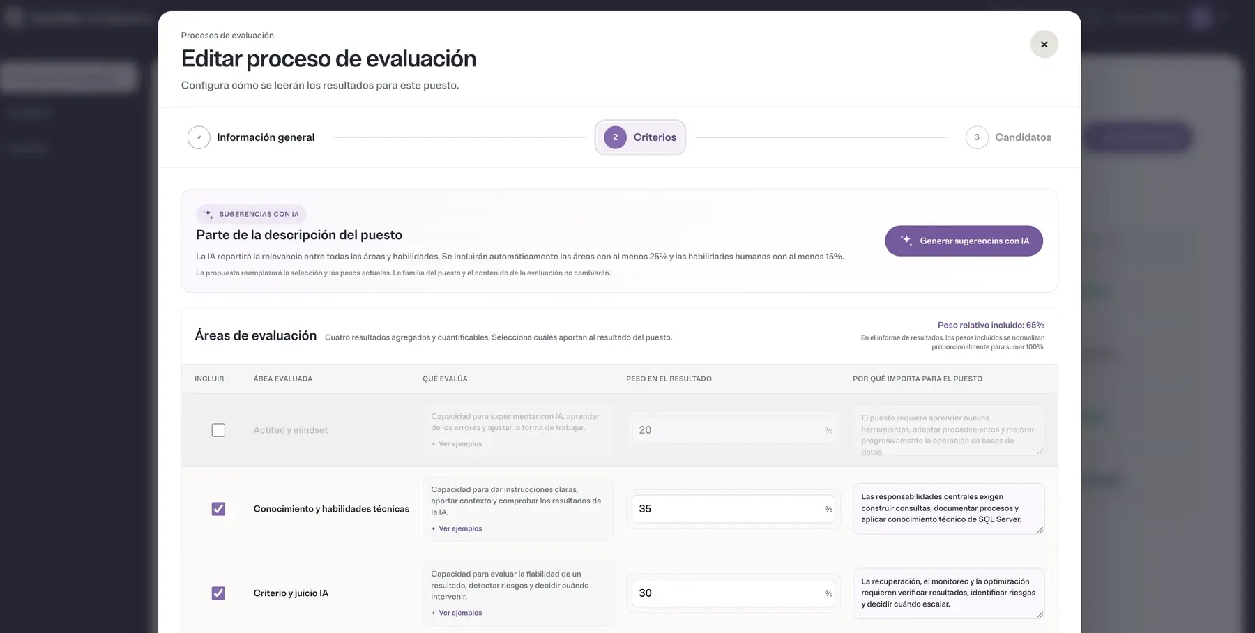Interfaz de Booster AI Selection para configurar una evaluación con asistencia de IA.